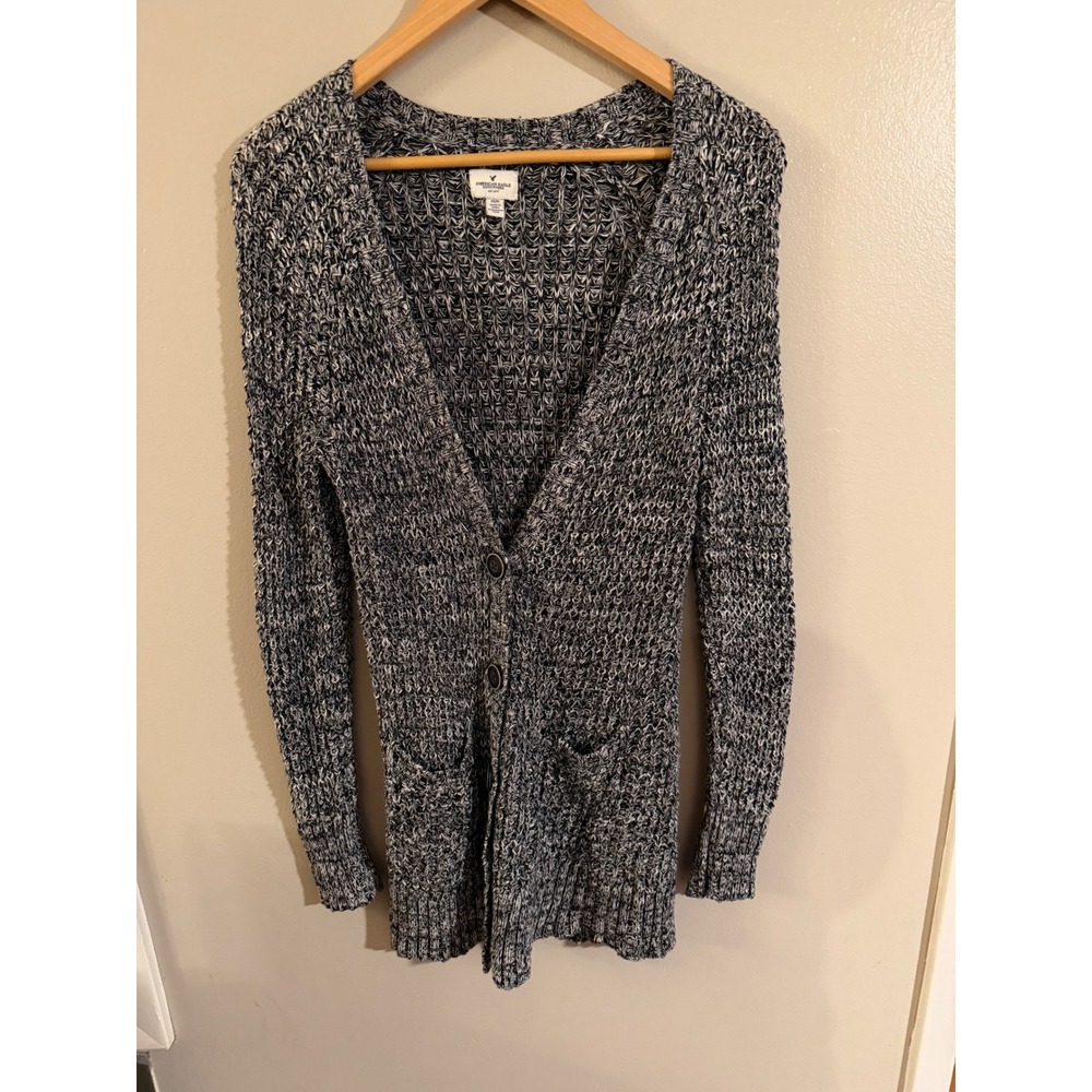 American Eagle Outfitters Marled Knit Cardigan Sweater Navy White Womens Medium